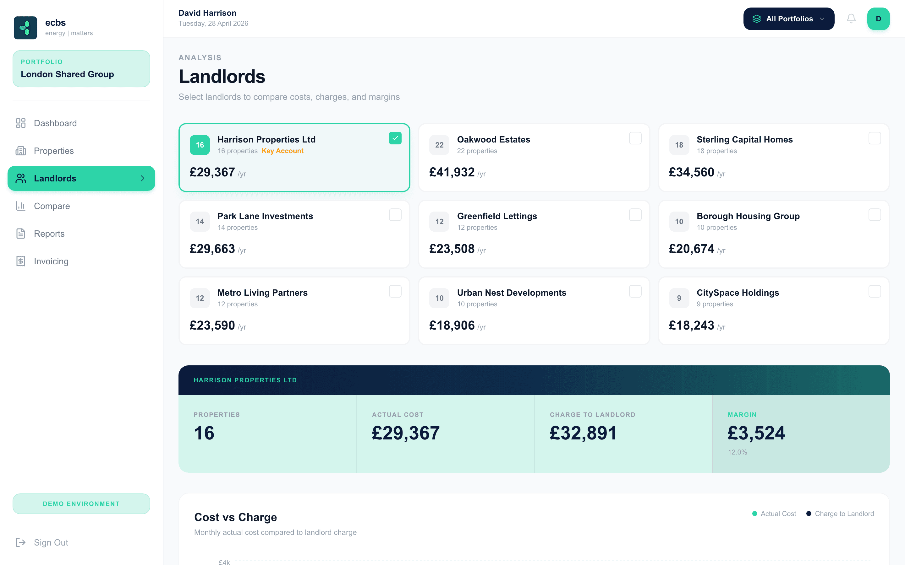 Branded landlord portal showing properties under a customer's logo